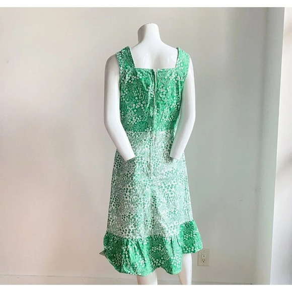 Vintage Cottage Core Micro Chintz Floral Emerald Green Ruffle Hem Midi Dress - Picture 6 of 8